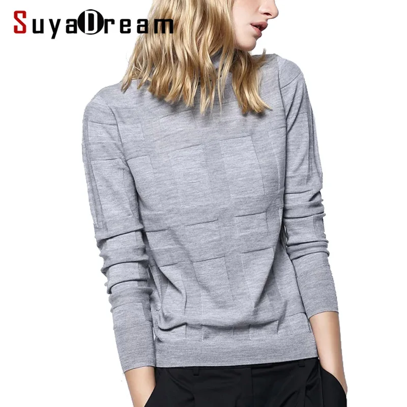 

Women Wool Sweater 100%Merino Wool Turtleneck Pullovers Plaid Knitted Sweaters For Women 2018 Fall Winter Knitwwear