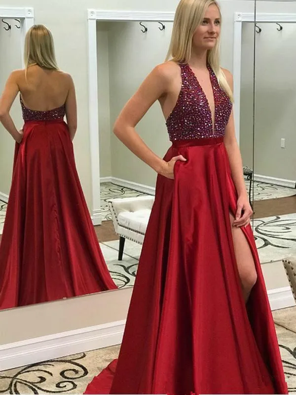 

Abendkleider Halter sexy Deep V Neck Sleeveless Red Prom Dresses with Split Beaded Formal Evening Gowns Long prom dress 2019
