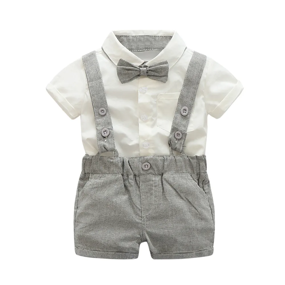 

Kids Baby Boys Summer Gentleman Bowtie Short Sleeve Shirt+Suspenders Shorts Set children clothes roupa infantil jongens kleding