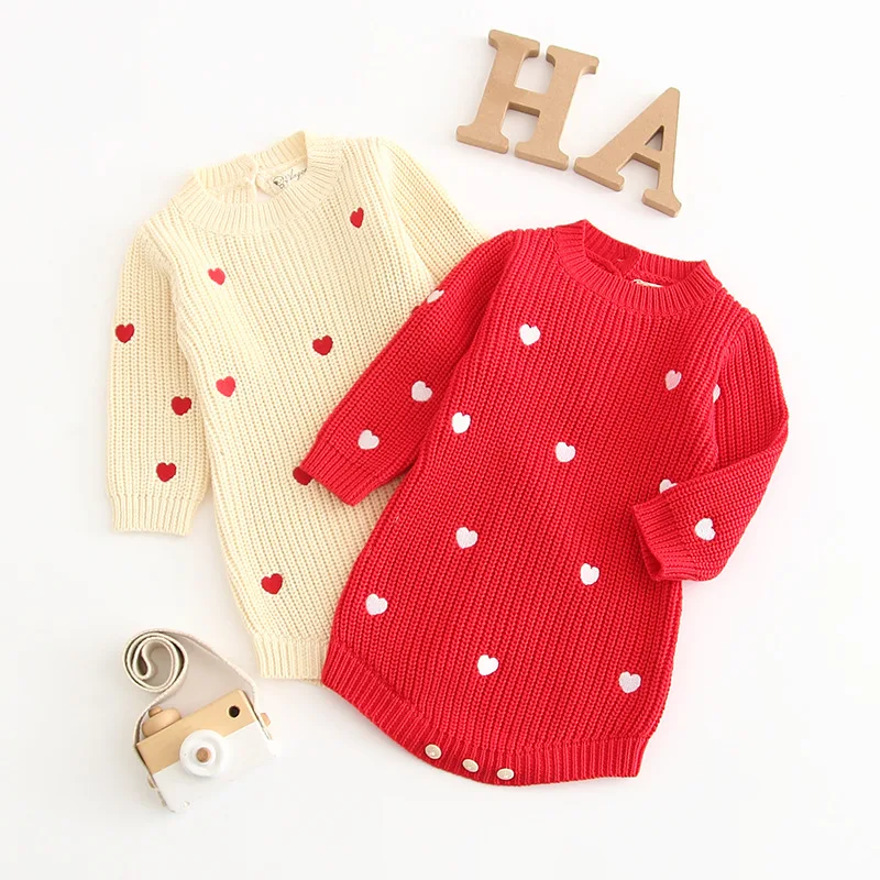 

Everweekend Newborn Kids Hearts Print Knitted Rompers Ins Hot Red Beige Color Long Sleeve Spring Clothes Girls Toddler Rompers