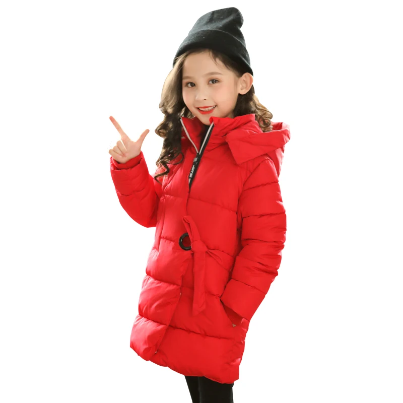 

4-13 years girls cotton coat padded children's winter Hooded kids downThick windbreaker hot Zipper slanting door belt