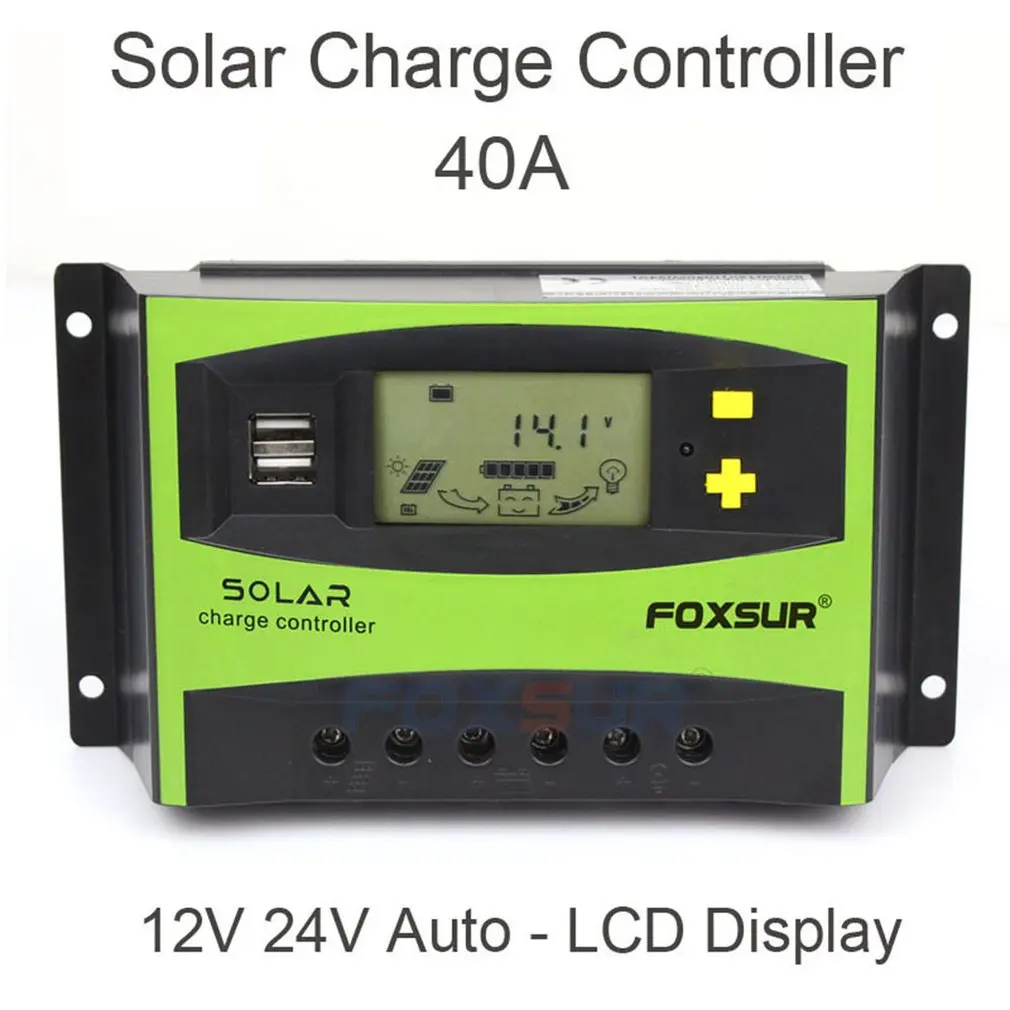 FOXSUR 40A авто за максимальной точкой мощности, Солнечный контроллер заряда ШИМ-контроллеры ЖК-дисплей Dual USB 5 V Выход обжимной инструмент для солнечной панели РЕГУЛЯТОР