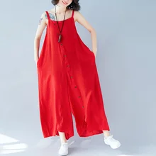 Новые летние красные женские Комбинезоны свободные длинные женские элегантные хлопковые и льняные широкие брюки повседневные женские Верхняя одежда наивысшего качества
