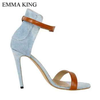 

EMMA KING Fashion Denim Buckle Strap Womens Sandals Hollow Out Open Toes Autumn Party Sexy Shoes Thin High Heels Mixed Colors