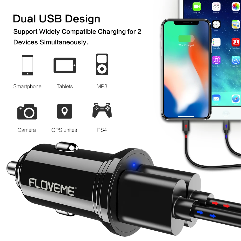 FLOVEME зарядное устройство для телефона Mini Dual USB Автомобильное зарядное устройство 2.4A быстрое зарядное устройство для iPhone X Xiaomi универсальное автомобильное зарядное устройство зарядка для айфона зарядка