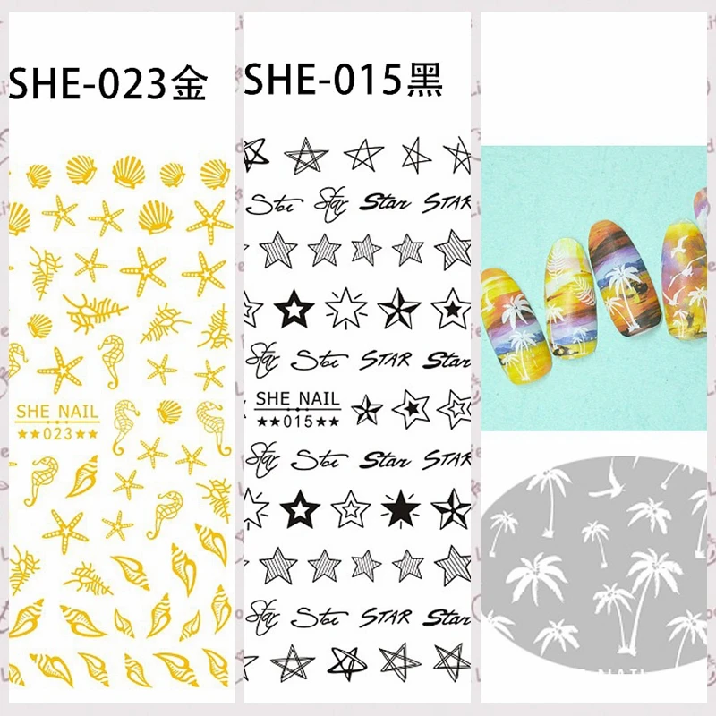 

1 Sheet White Black Gold Sea Life Palm Geometric Drawing Floret Adhesive Nail Art Stickers Decorations DIY Tips SHE13-24#