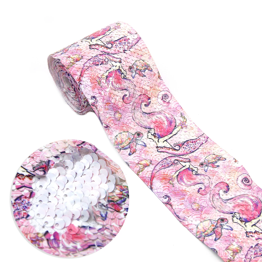 

david angie 3" 75mm 2y/roll Flower Printied Reversible Sequins Ribbon DIY Sewing Hairbow Bag Decoration Accessories,2Yc6898