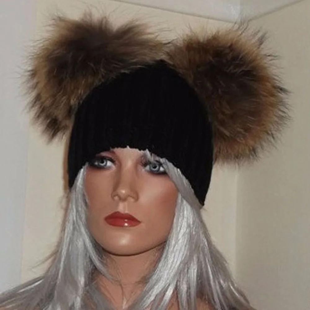 Real mink fur pom poms knitted beanies winter hat women wool Double