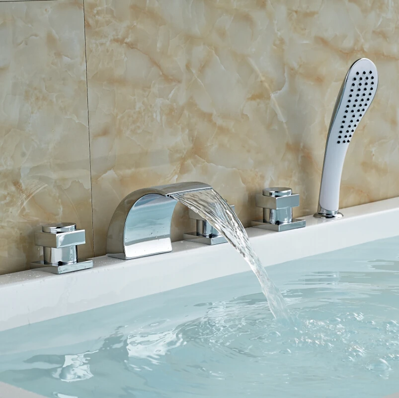 

Chrome Finish Deck Mount Walk in Tub Faucet Waterfall Spout with Shower Sprayer