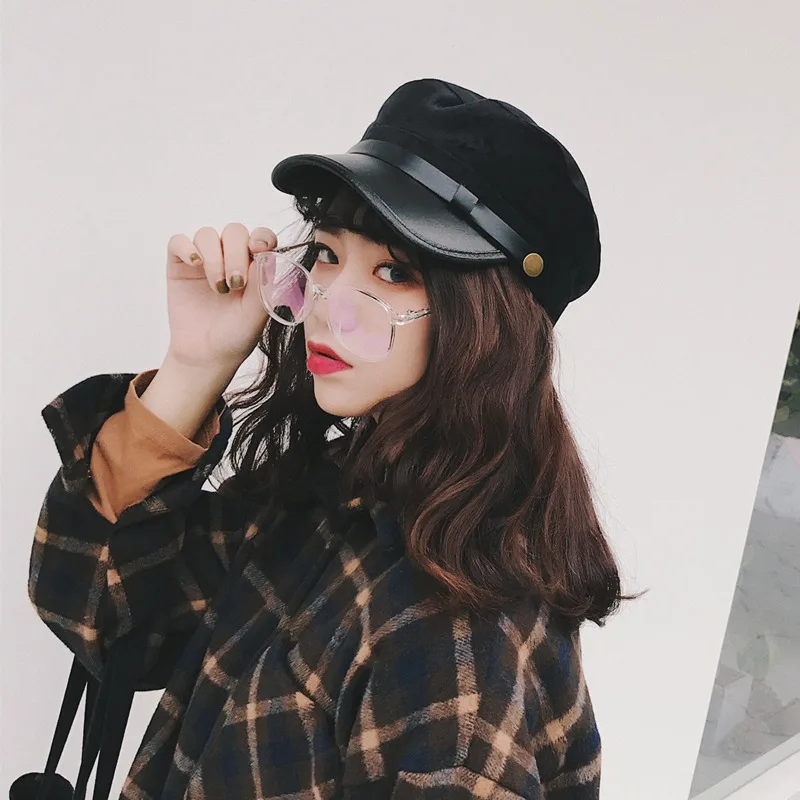 

Fashion Solid Visor Military Hat Autumn and Winter Vintage Leather Brim Patchwork Beret Cap For Women England Style Flat Cap