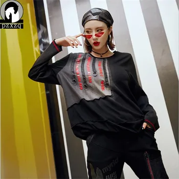 

2019 Black Stitching Hip Hop Women's T-shirt New Knit Letter Loose T-shirt Female Long Sleeve Streetwear Large size Tops Tee