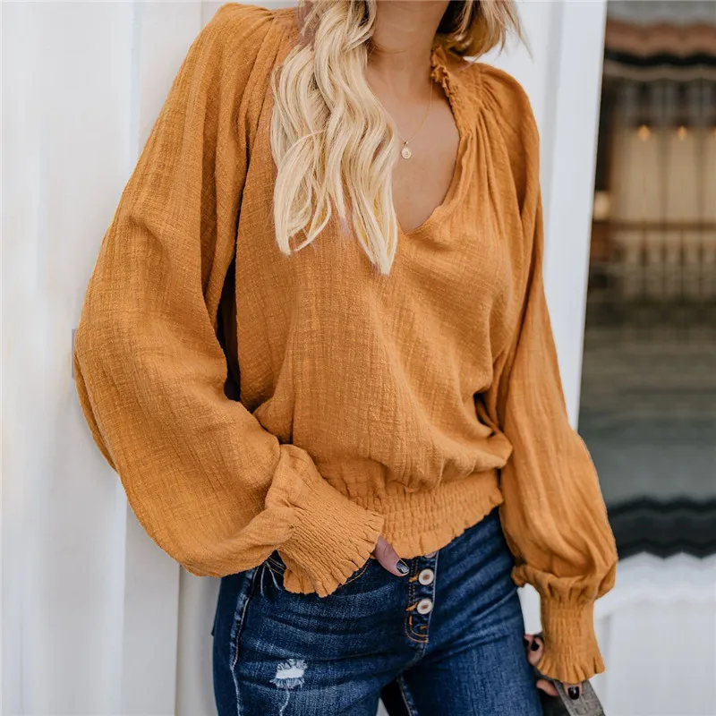 

yashangyi Cotton and Linen T Shirt Women Lantern Sleeve Harajuku Tee Shirt Femme Sexy V-Neck Female T-Shirts Tops Poleras Mujer
