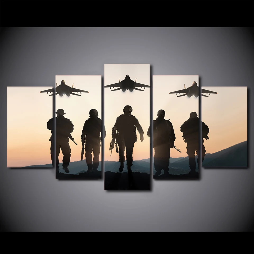 5 Piece HD Printed Sunset American Soldier Framed Wall Picture Art