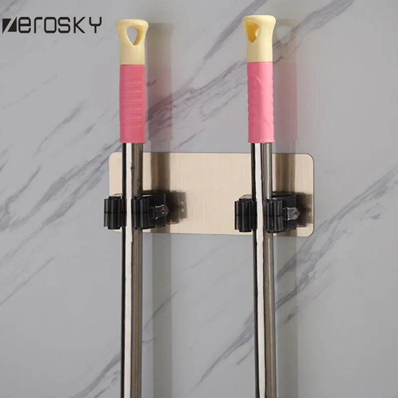 

Zerosky Dual Rack Wall Mounted Mop Bar Holder Rack Adjustable Clip Self Adhesive Broom Brush Holder Umbrella Handle Hanger Hook