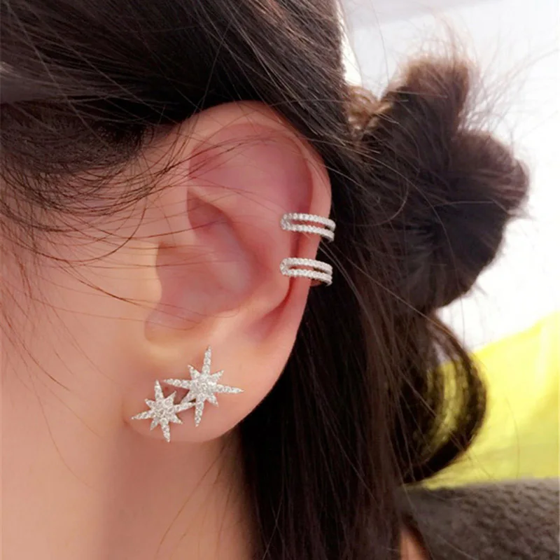 

1 Pair Ear Cuff Clip On Earrings Without Piercing Micro-inlaid Drill Rose Gold Silver Ear Clip Earcuff Non Pierced Earrings