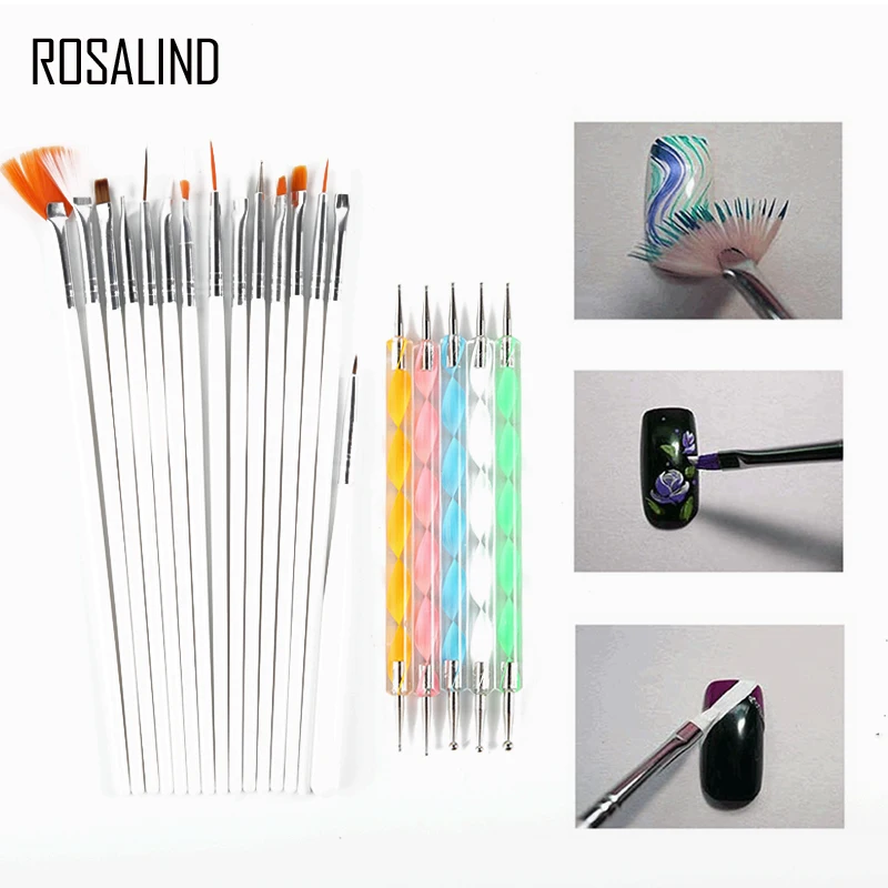 

ROSALIND 15 PCS Nail Art Brush+5PCS Nail Dotting Pens Decorations Set Tools Professional Painting Pen Nail Tips UV Nail Brush