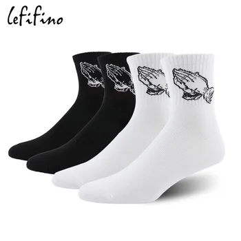 

Men Combed Cotton Socks Fashion Hip Hop Men Black White Skateboard Socks Comfortable Soft Cool Funny Pray Hand Crew Socks Jesus