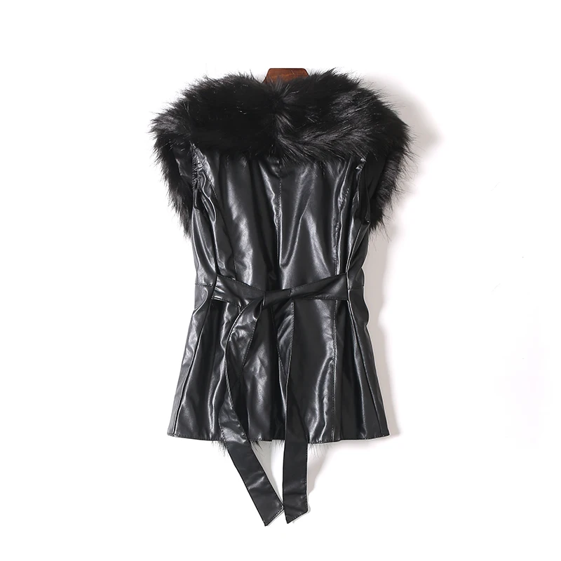 GOPLUS Women Faux Fur Vest Fashion Faux Patchwork PU Leather Winter Warm Sleeveless Jackets Women Artificial Fur Collar Coats