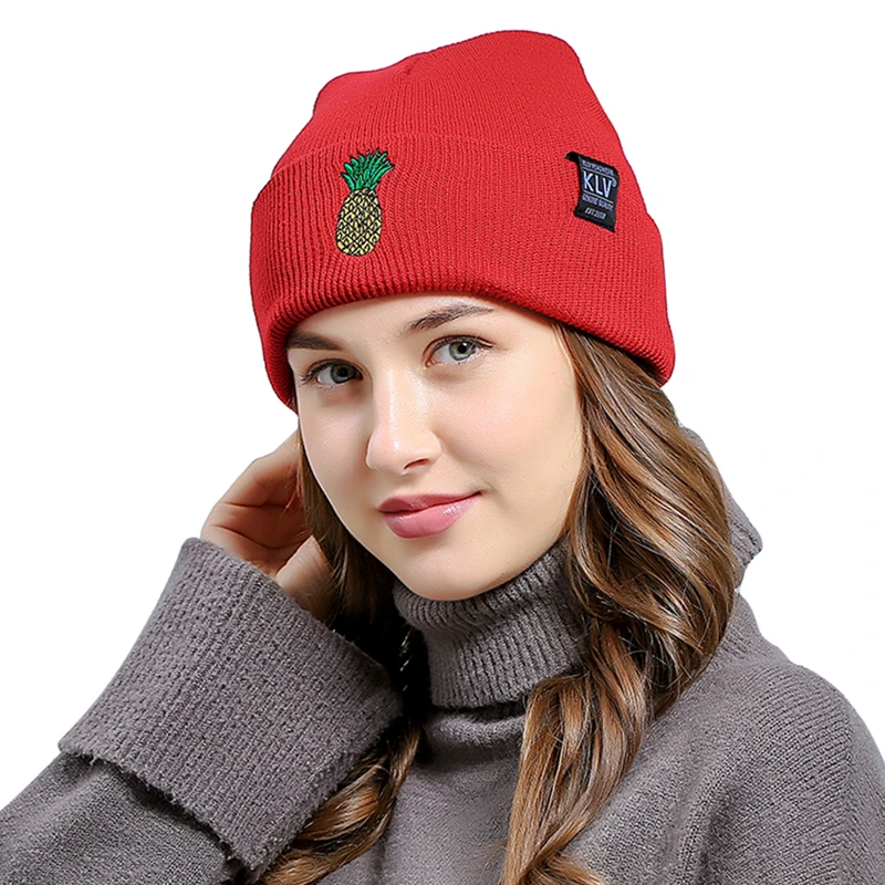 

Unisex Embroidered Pineapple Patterns Warm Keeping Knitting Hat Outdoor Stylish Flanging Pullover Type Hat for Winter Sep11