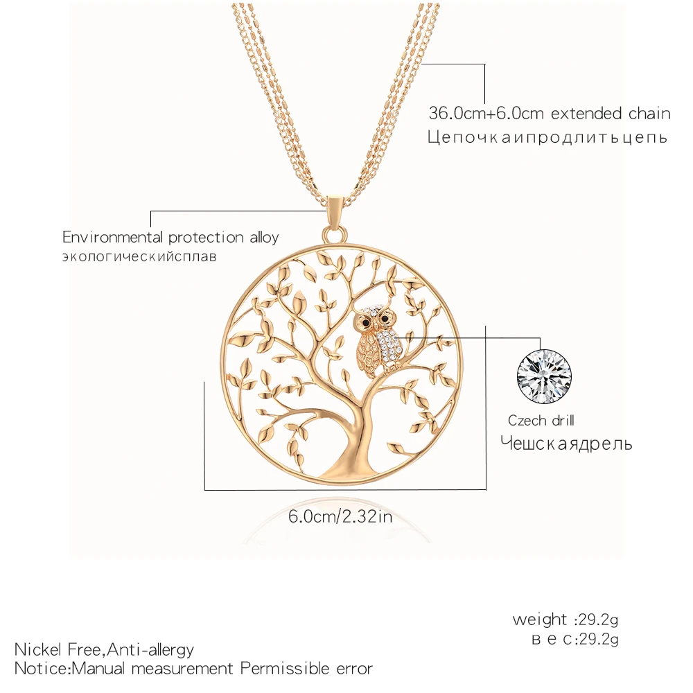 Дерево жизни животное сова ожерелье и подвески длинные 3 цепи Розовое Золото Серебро Большое Круглое украшение с кристальной подвеской подарок дропшиппинг