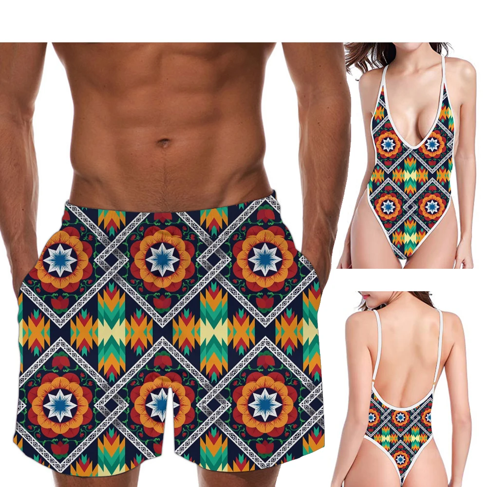 

INSTANTARTS 2019 Hot Couple Summer Swimming Suits African Girls Aztec Print Swimwear Women Deep V Monokini Man Beach Bord Shorts