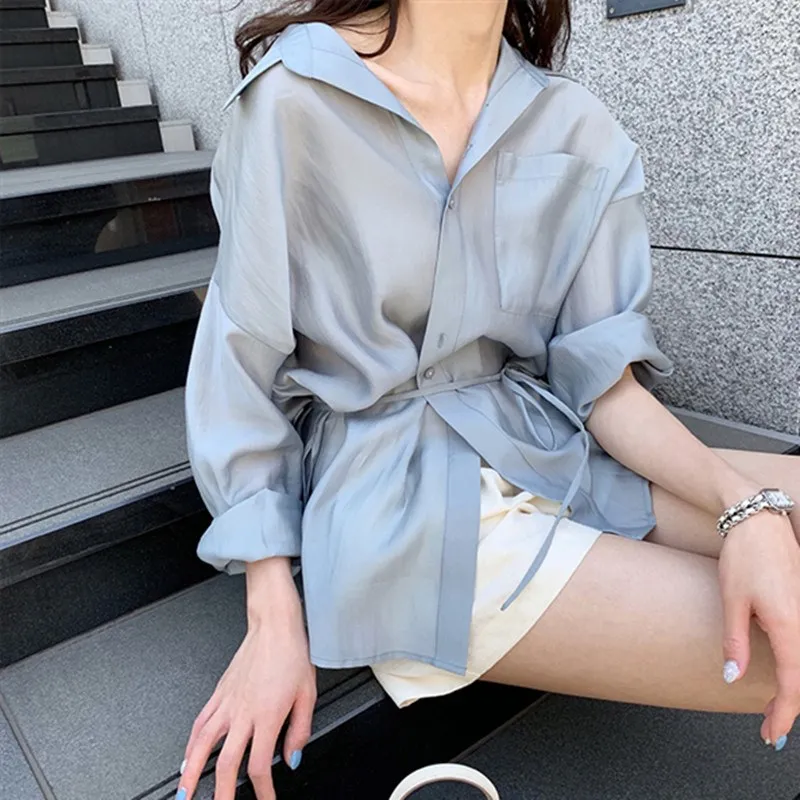 Summer Women Lace Up Shirts Two Piece Outfits Ice Silk Casual Solid Color Office Lady Pants Set