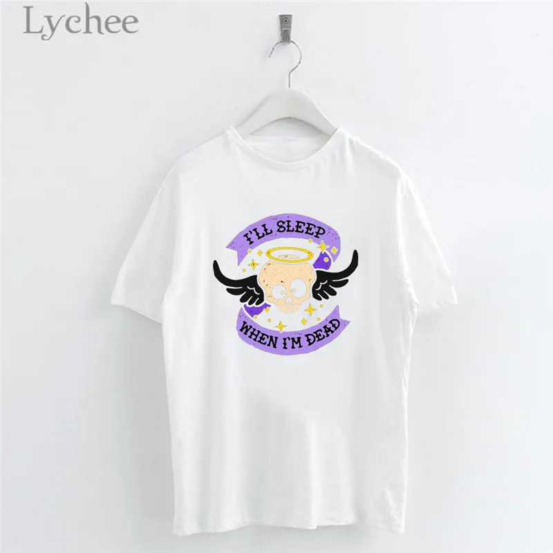 

Lychee Harajuku Devil Series Skull Wings Print Female White T-shirt Short Sleeve O-Neck T-Shirts Women Simple Casual Top Tee