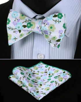 

BMF105G Green Purple Floral 100%Cotton Jacquard Men Butterfly Self Bow Tie BowTie Pocket Square Handkerchief Hanky Suit Set