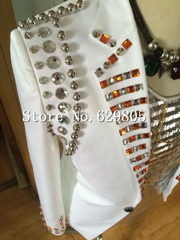Blanc Discothèque Jazz Perles De Cristal Mâle Taille La Performance Mode Manteau Survêtement Plus Blazer Bar Costumes Hommes Rivets Chanteur 6y7bgfY
