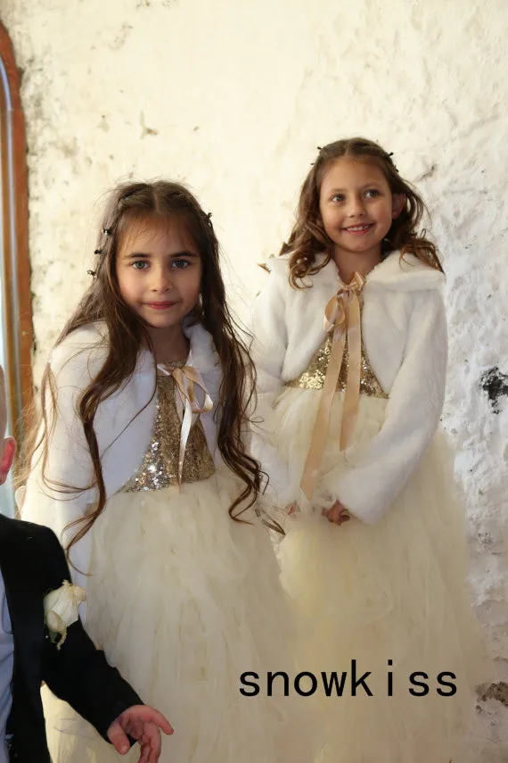 Long Sleeves Flower Girls Cape Princess Wedding Cloaks Faux Fur