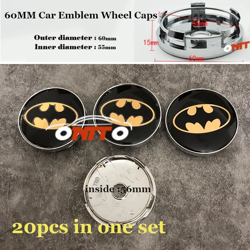 

For Batman logo badge Good Quality 20pcs 60mm For Volvo Smart Chevrolet Buick Jeep Benz Car Emblem Wheel Hub Cap Auto Covers