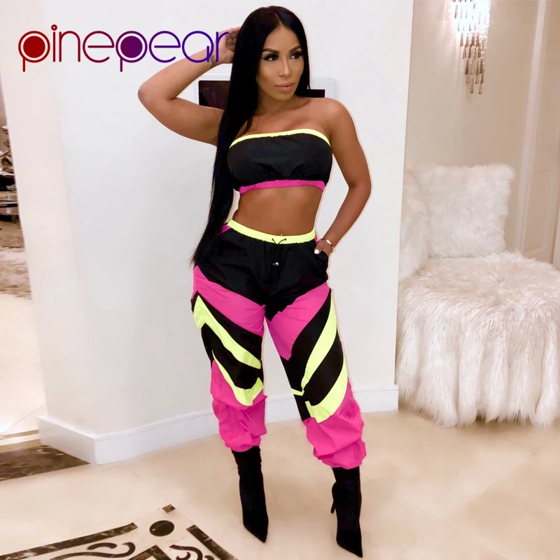 

PinePear Multi Geometric Patchwork Starpless Crop Top and Cargo Pants 2 Two Piece Set 2019 Trendy Women Streetwear Drop Shipping