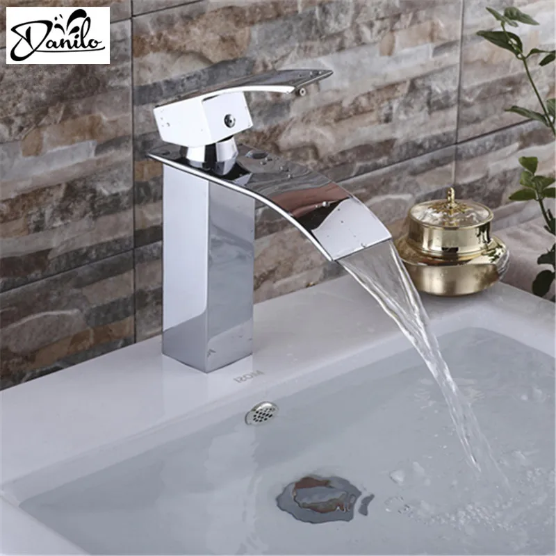 

High-quality brushed chrome waterfall sink tap, single handle single hole faucet deck installation basin Faucet. Sink Mixer Tap