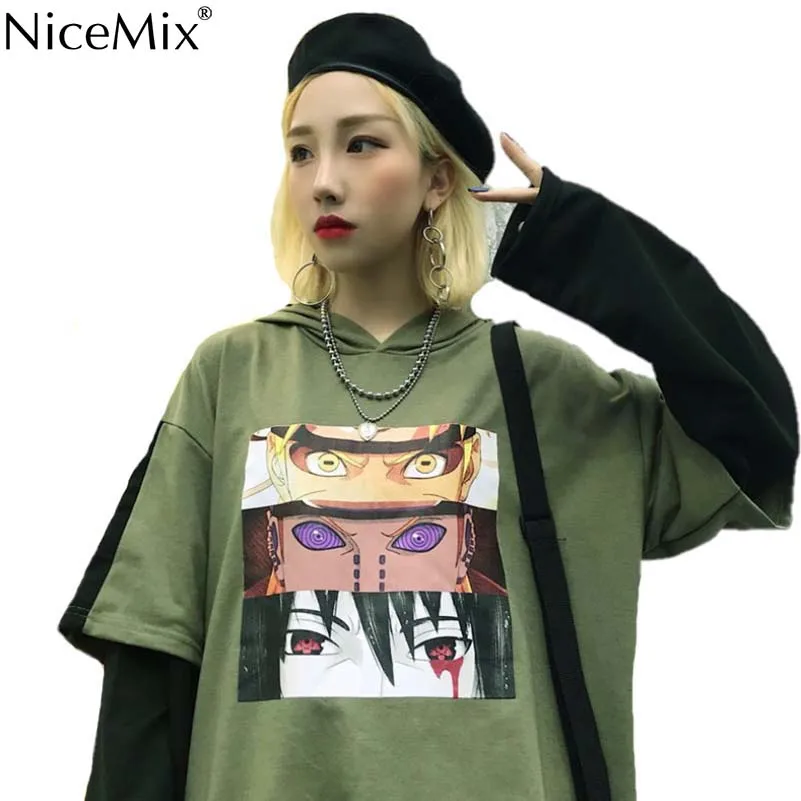 

NiceMix Harajuku Sweatshirt Women Patchwork Pullovers Fake 2 Pieces Print Japanese Comics Unisex Jumpers Pull Femme Jersey Mujer
