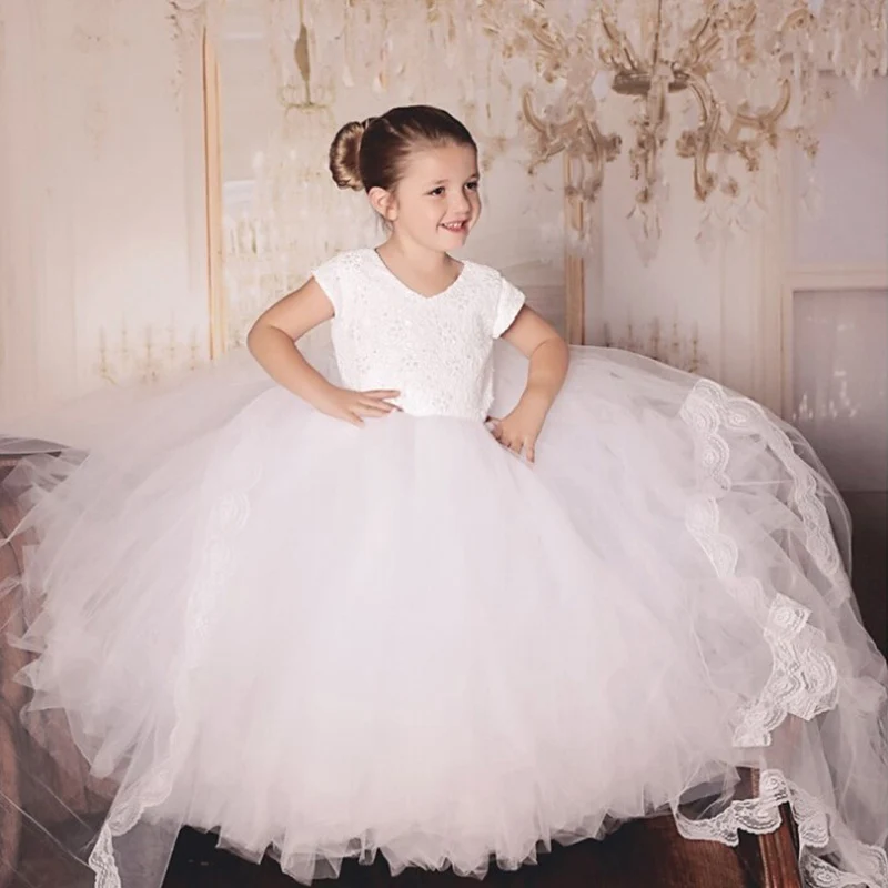 

Flower Girl Evening Gowns White Color kid Short Sleeve Mesh and Lace Flower Girl Dresses Soft Ball Gown for Weddings New Arrival