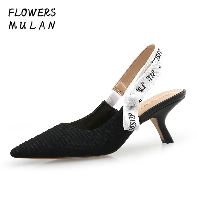 

New Arrival Black White Genuine Leather Upper Women High Heels Shoes Pointed Toe Side Butterfly-knot Slingbacks Elegant Pumps