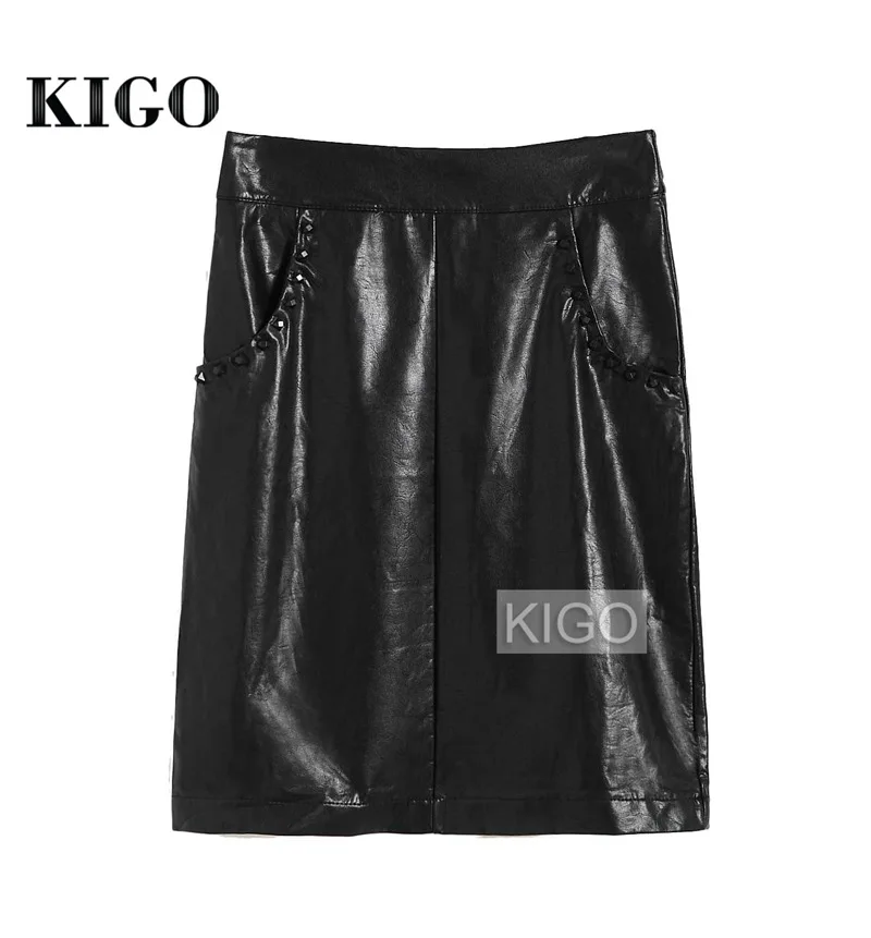 KIGO модная юбка из искусственной кожи Женская юбка-карандаш миди с высокой талией женские юбки с карманами Leren Rok KH1464H - Цвет: Черный