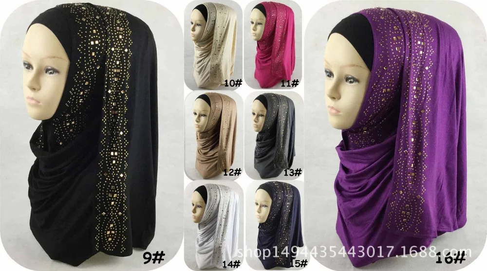 Сплошной хиджаб шарф с Стразы длинный шарф для мусульманки, хлопок хиджаб шарф