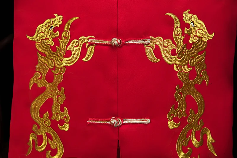 Традиционный красный китайский свадебная одежда Винтаж Жених Cheongsam Мужской hanfu вышивка Восточный Стенд воротник Тан костюм наборы