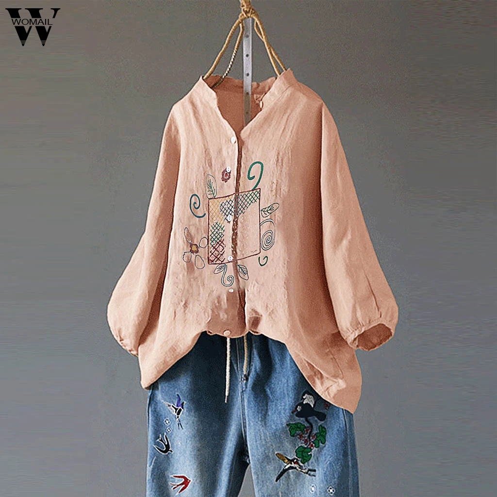 

Womail 2019 New Summer Women's Blouse Plus Size Embroidery Cotton and Linen V-Neck Button Casual Blouse Tops For Ladies June5