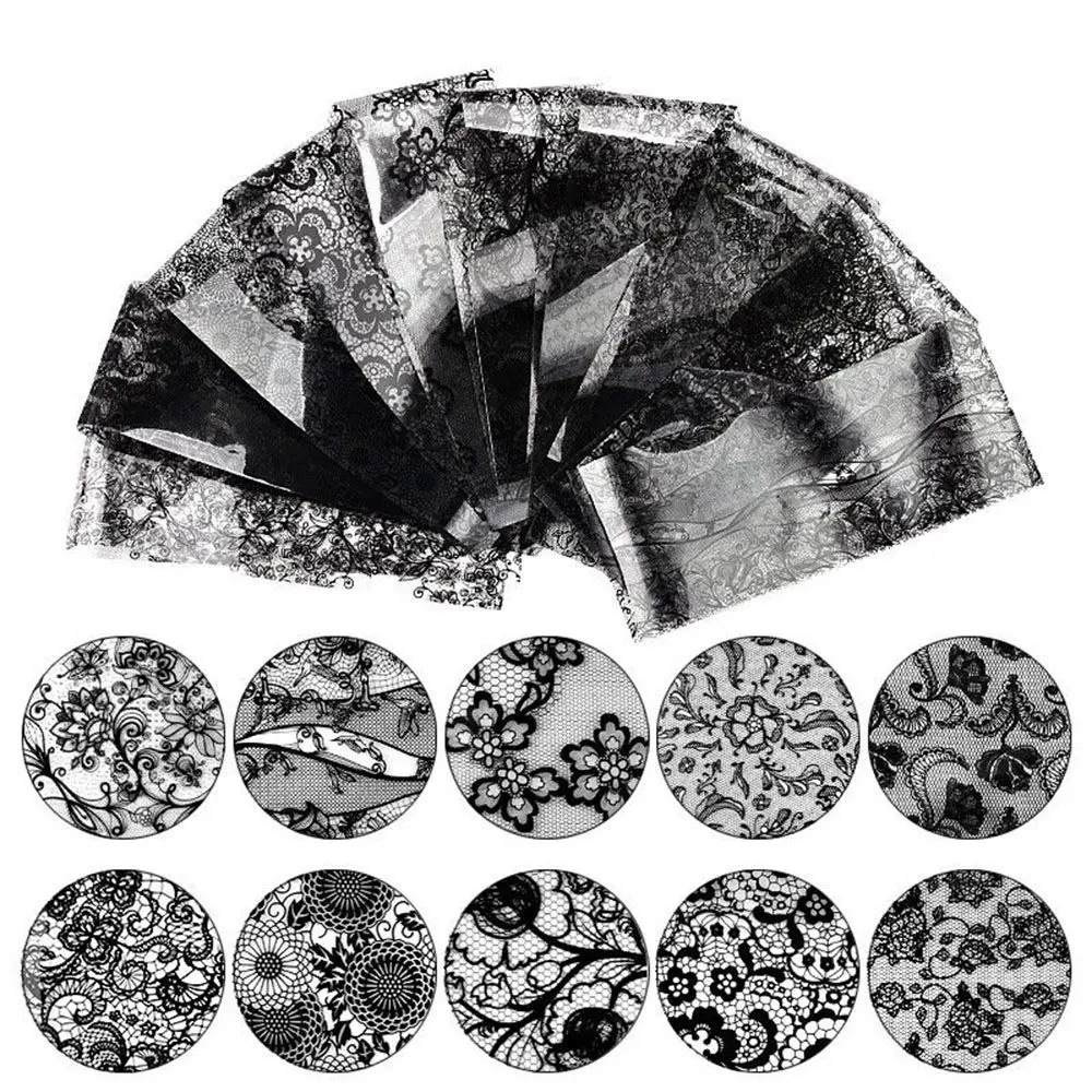 

10 Sheet 4*20cm Black Lace Transfer Sticker Foil Nail Art Sexy Full Wraps Flower Glue Adhesive DIY Floral Manicure Styling Tools