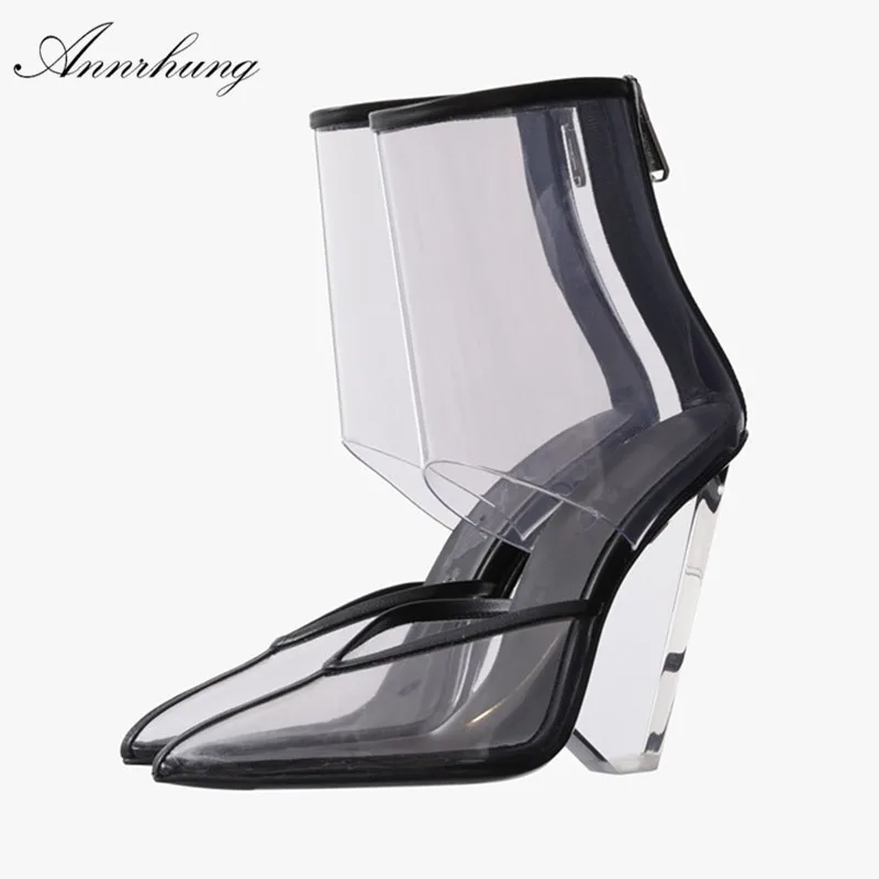

Clear Transparent PVC High Heel Ankle Boots Women Unique Spike Heel Pointed Toe Short Botas Back Zip Cut Out Stage Boots Women