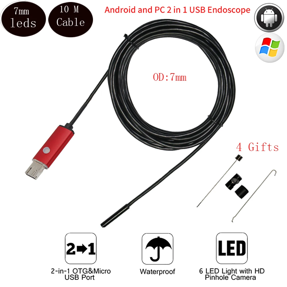 

7mm Lens 10M Cable Micro USB Android Endoscope Camera Snake Pipe Inspection HD Camera Waterproof OTG Android USB Endoscope