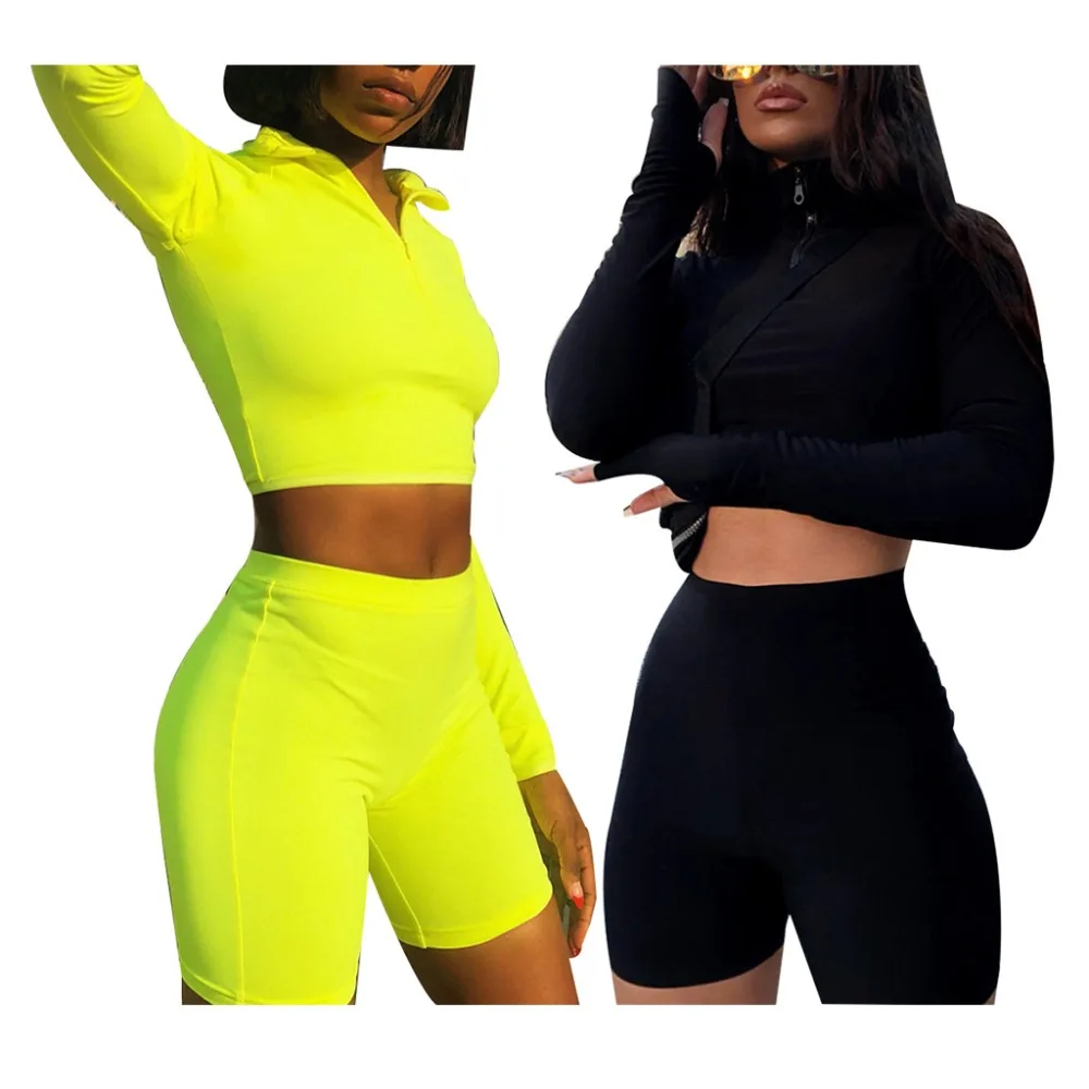 Women Autumn Fluorescence Fitness 2 Piece Outfit Long Sleeve Zipper Turtleneck Crop Top High Waist Bodycon Shorts Solid Color