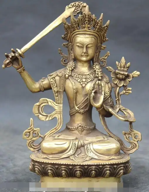 

S5233 9" Chinese Buddhism Bronze Carving Manjushri Buddha Goddess Hold Sword Statue