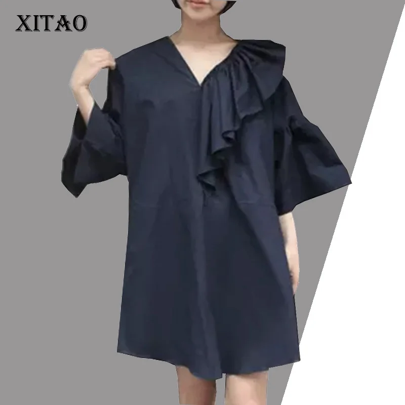 [XITAO] 2017 New arrival Korea fashion women solid color V-neck pullover butterfly sleeve loose above knee dress HJH105