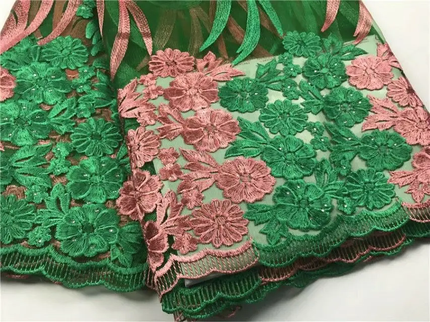 

5 Yards/pc Nice looking green and peach flower design french net lace embroidery african mesh lace fabric for dress CF3-1