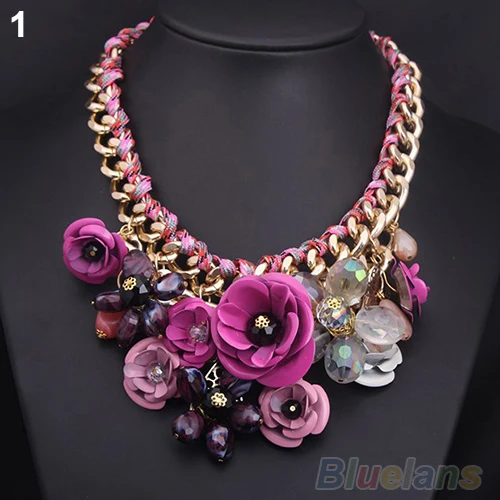 

Hot Fashion Luxury Women Necklace Gold Chain Rhinestone Crystal Rose Flower Bib Statement