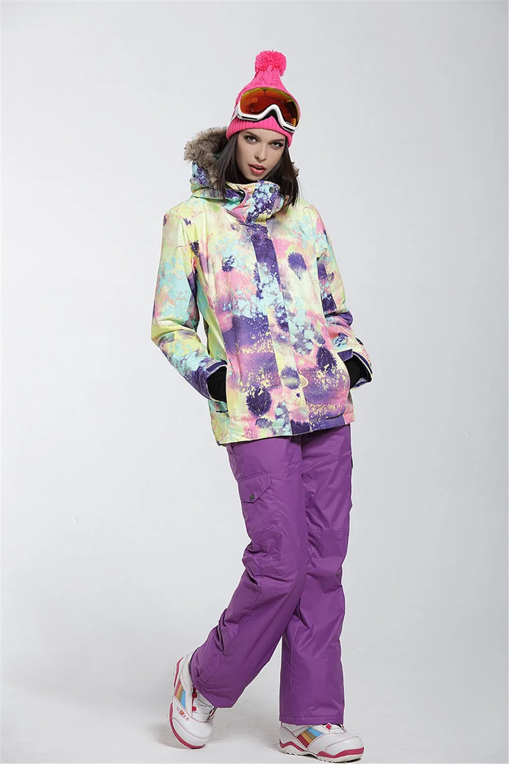 GSOU Снежная брендовая лыжная куртка, лыжный костюм, Женская водонепроницаемая сноубордическая теплая куртка с меховым капюшоном, зимняя верхняя одежда, лыжная куртка