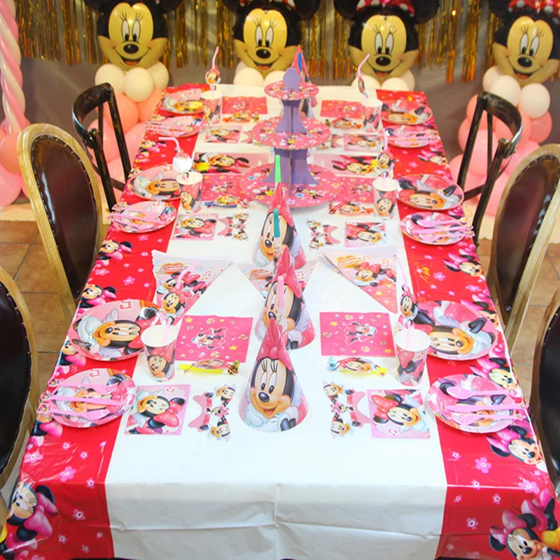 

Disney Minnie Mouse Theme 129pcs Child Birthday Party Cup Plate Gift Bag Blowout Cap Event Party Girl Paper Tableware Supply